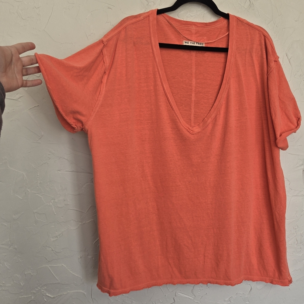 Free People Oversized Coral V Neck Tee Top, L - Picture 5 of 11